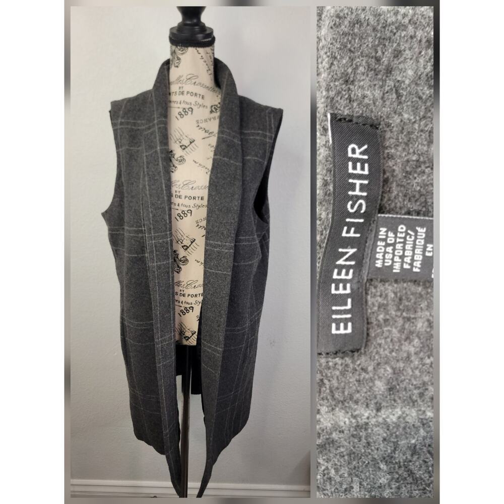 Eileen Fisher Fleece Vest Sz L Windowpane Wool Blend Long Flannel Dark Ash Gray